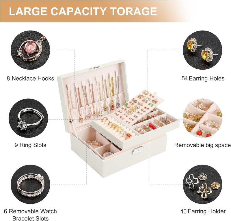 Sanikeon Jewelry Box Organizer for Women Girls 2 Layer Leather Travel Jewelry Storage Case with Lock and Removable Tray for Necklace Earrings Rings Bracelets Gift, Come with Polishing Cloth and Jewelry Bags - Image 5